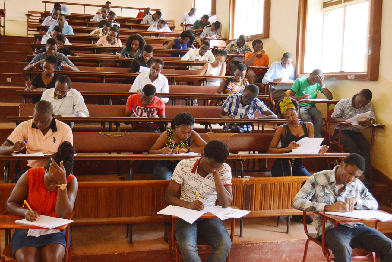 Students in an examination room.