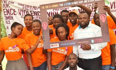 Mr. Eric Tumwesigye-Gender Officer, GMD poses for a photo with some of the participants in the Mak-CDFU GBV prevention and responses exhibition on 29th November 2018, Freedom Square, Makerere University, Kampala Uganda.