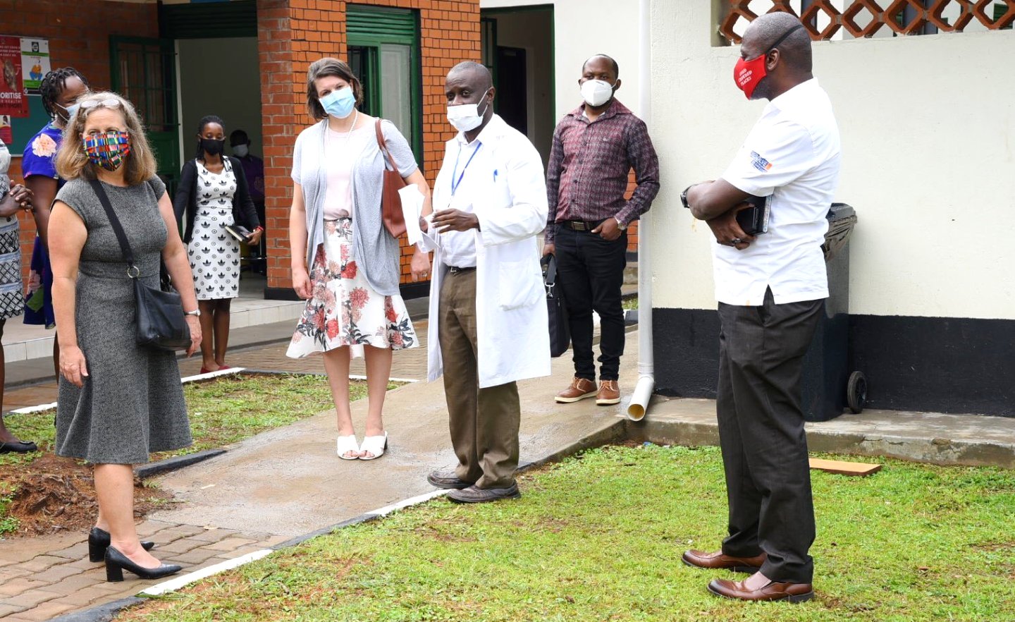 CDC Uganda Country Director-Dr. Lisa Nelson (Left), Executive Director IDI-Dr. Andrew Kambugu (Right) and other officials during the pre-launch visit to the MAT Centre, Butabika National Referral Mental Hospital on 11th September 2020.