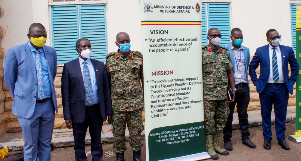 L-R: Ag. Principal CHS-Prof. Kajja Isaac, Prof. William Bazeyo, UPDF Chief of Medical Services-Dr. Ambrose Musinguzi, UPDF Physician-Dr. John Lusiba, Dr. Bruce Kirenga (Right) and another official at the CCP Launch