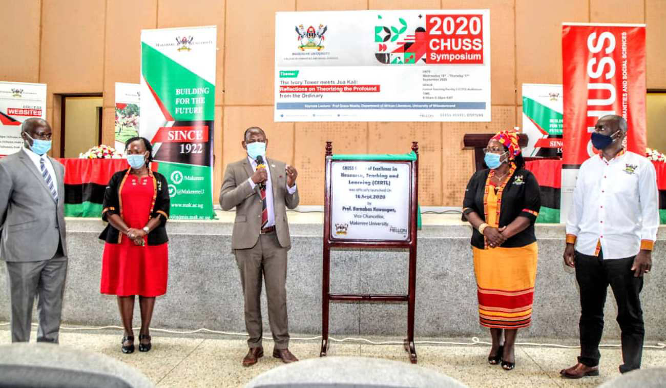 The Vice Chancellor, Prof. Barnabas Nawangwe (C) launches the CHUSS Centre of Excellence in Research, Teaching and Learning (CERTL) on 16th September 2020 at the opening ceremony of the 2020 CHUSS Symposium, Makerere University, Kampala Uganda. He is flanked by the Principal CHUSS-Dr. Josephine Ahikire (2nd R), Ag. Dep. Principal-Dr. Julius Kikooma (R), Director CERTL-Dr. Andrew Ellias State (L) and Dep. Director CERTL-Dr. Pamela Khanakwa (2nd L).