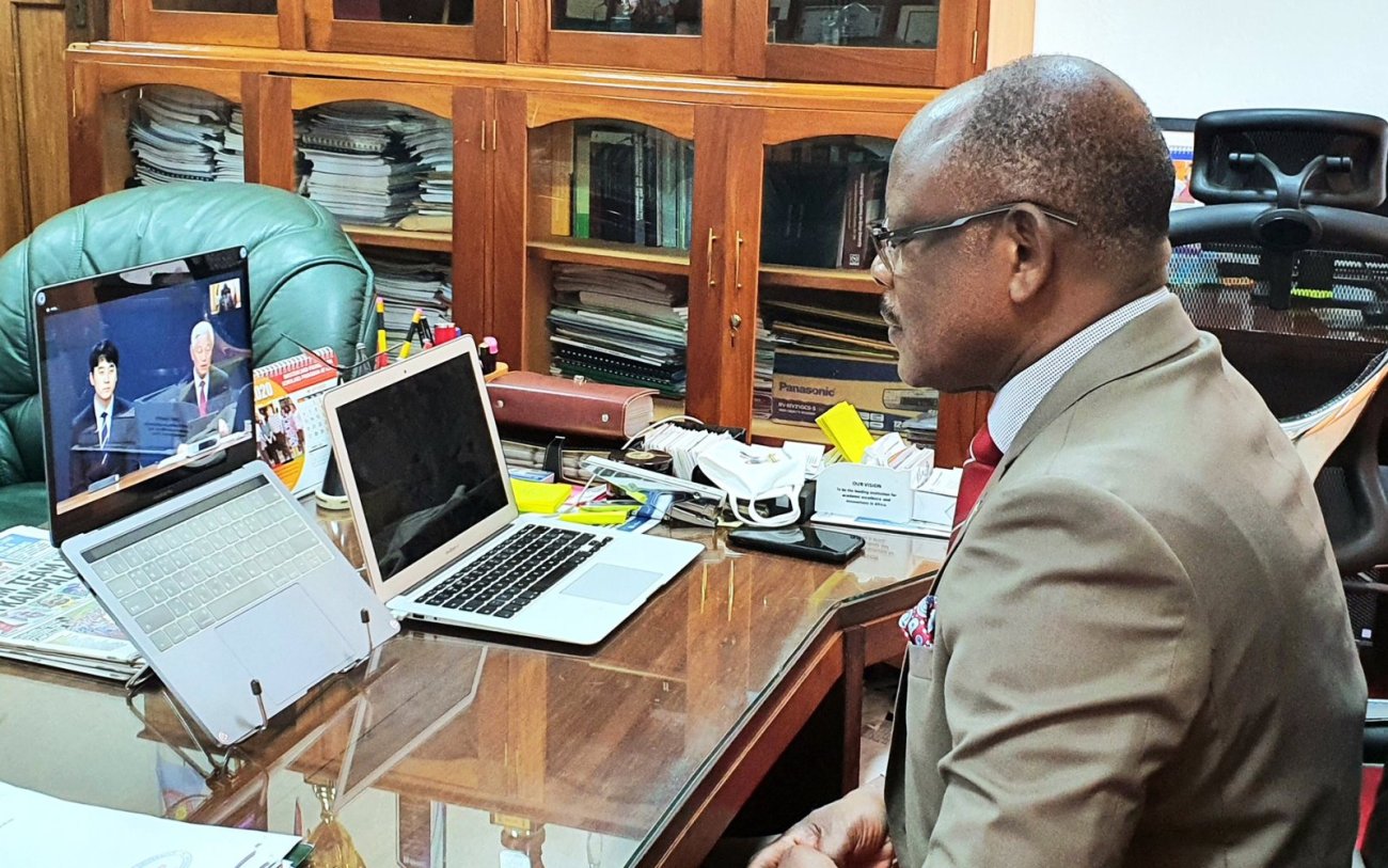 The Vice Chancellor, Prof. Barnabas Nawangwe during his online meeting with Dr. Ock Soo Park, President of the International Youth Fellowship (IYF) on 7th September 2020. They were joined by Prof. William Bazeyo to discuss IYF’s Mind Education Programme.