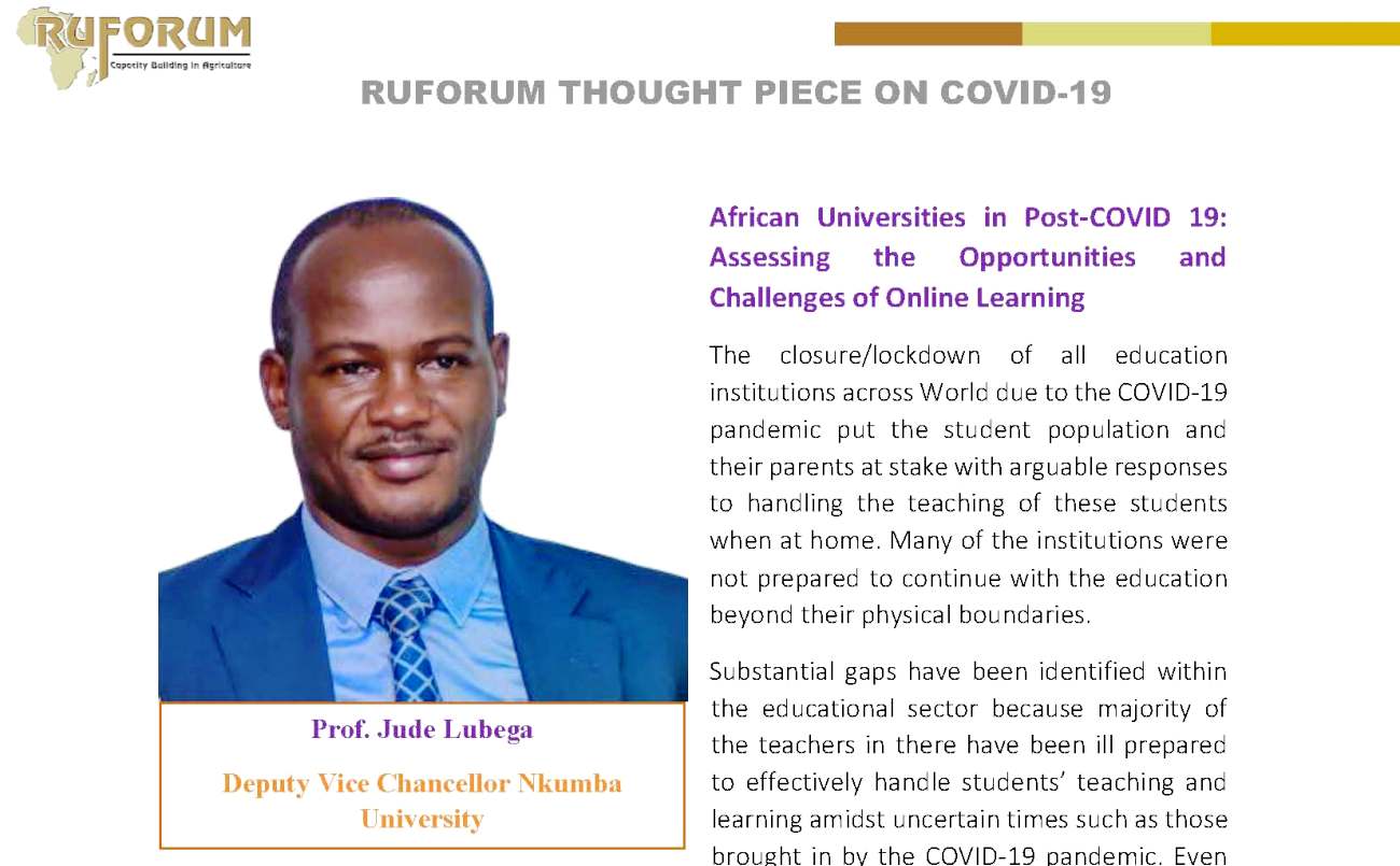 RUFORUM Thought piece on COVID-19 by Prof. Jude Lubega, Deputy Vice Chancellor, Nkumba University