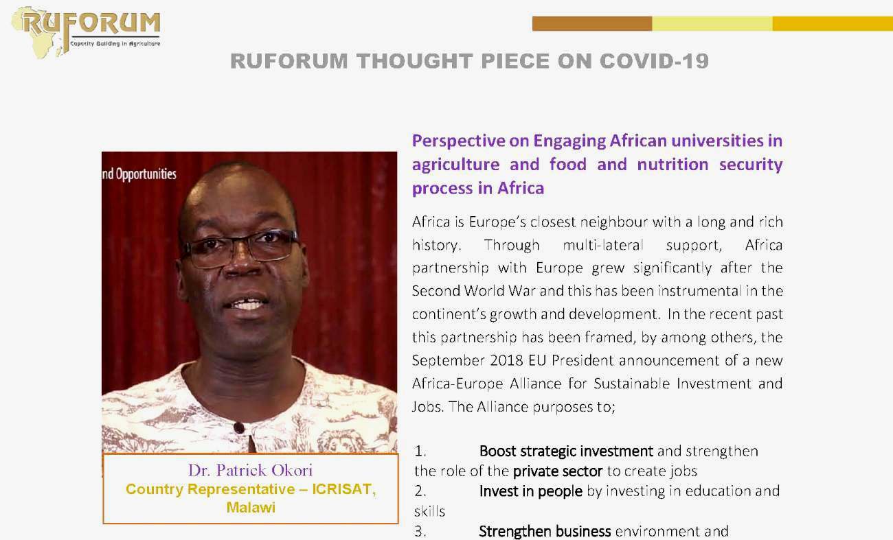 RUFORUM Thought piece on COVID-19 by Dr. Patrick Okori, Country Representative - ICRISAT, Malawi