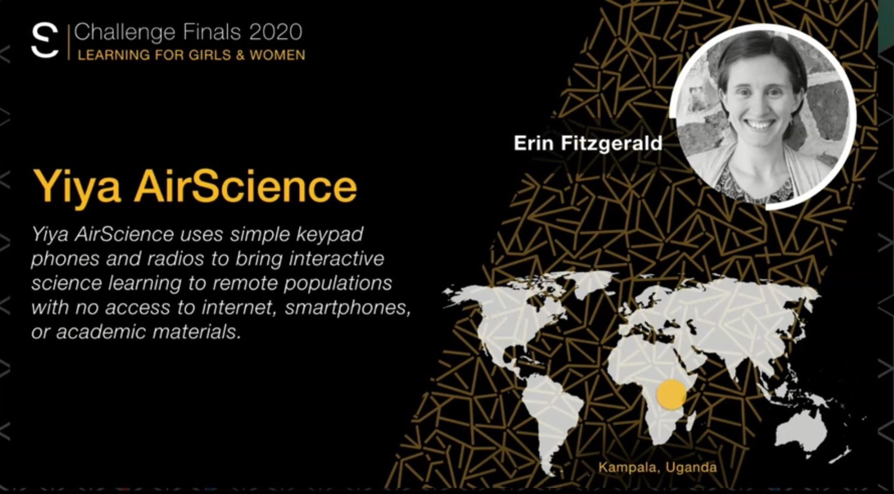 A screenshot showing of Yiya AirScience's announcement as a member of the New Solver Class of 35 Tech-Based Social Entrepreneurs Addressing Global Challenges. Photo credit: Virtual Solve Challenge Finals from MIT Solve on Vimeo