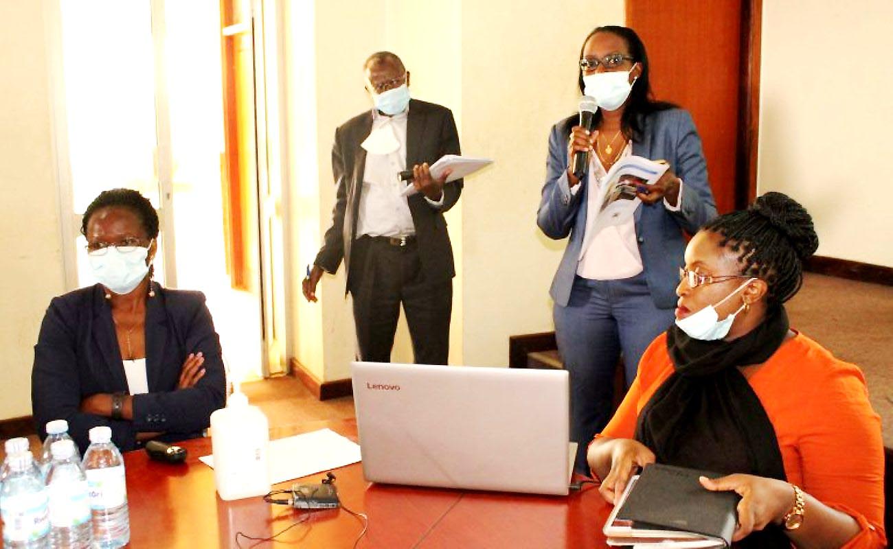 L-R: The Research Team; Dr. Rosemary Emegu Isoto (PI), Prof. Bernard Bashaasha (Co-PI and Principal, CAES), Ms. Caroline Kamugira and Ms. Noreen Munabi Nkuraija engage with stakeholders during the dissemination on 14th October 2020, Conference Hall, SFTNB, CAES, Makerere University, Kampala Uganda.