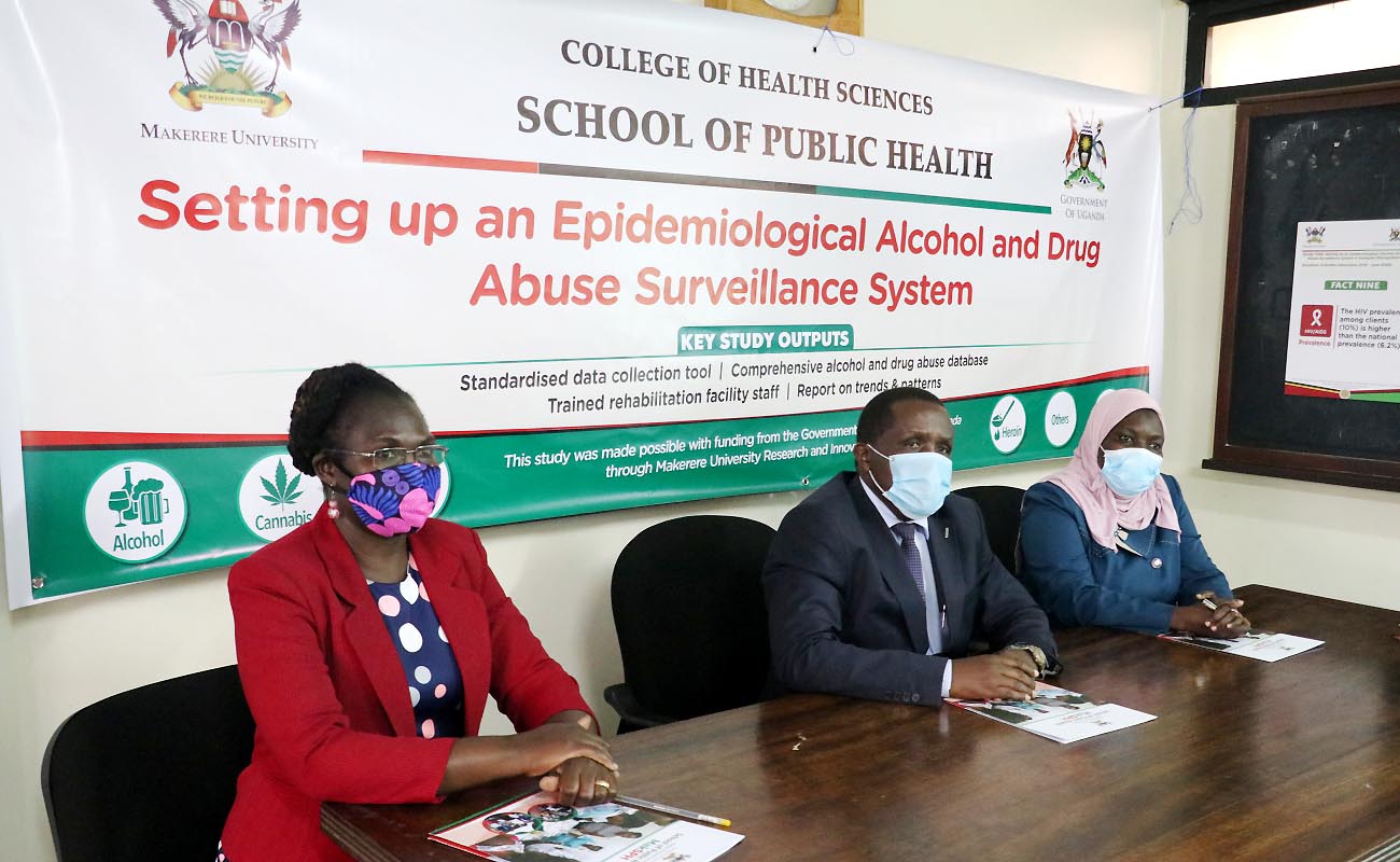 The Project Principal Investigator (PI)-Assoc. Prof. Nazarius Mbona Tumwesigye (C) flanked by Co-PI-Dr. Catherine Abbo (L) and the Ag. Assistant Commissioner Mental Health & Control on Substance Abuse, Ministry of Health-Dr. Hafsa Lukwata (R) during release of results from the study on 13th October 2020, MakSPH, Makerere University, Kampala Uganda.