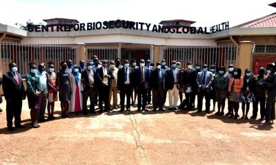 The Vice Chancellor-Prof. Barnabas Nawangwe (Centre) poses for a group photo with the Principal CoVAB-Prof. J.D. Kabasa, the VAMS Project team and participants after the launch on 30th September 2020, Centre for Biosecurity and Global Health, CoVAB, Makerere University, Kampala Uganda.