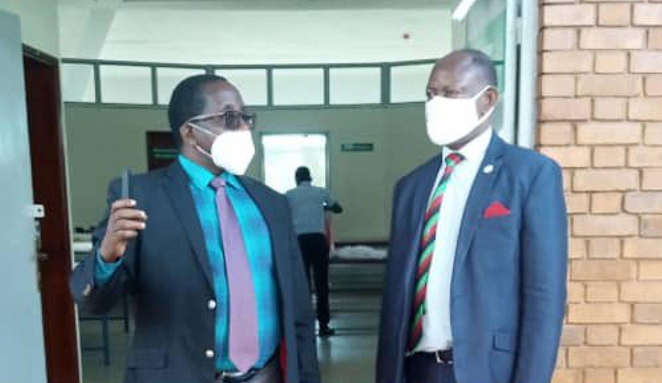 The Vice Chancellor-Prof. Barnabas Nawangwe (Right) chats with the Principal CoVAB-Prof. John David Kabasa (Left) after the Livestock AMR Monitoring IT System launch on 30th September 2020, Makerere University, Kampala Uganda.