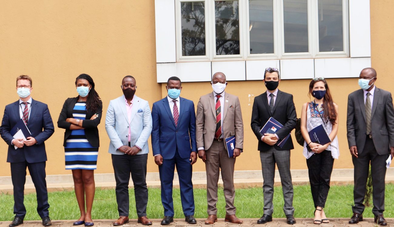 The Vice Chancellor-Prof. Barnabas Nawangwe (4th Right), Deputy Head of Mission-French Embassy (3rd Right) and Ag. DVCFA-Dr. Eria Hisali (Right) with co-sponsors and organizers of the 3rd Kampala Geopolitics Conference after the meeting on 6th October 2020, CTF1, Makerere University, Kampala Uganda.
