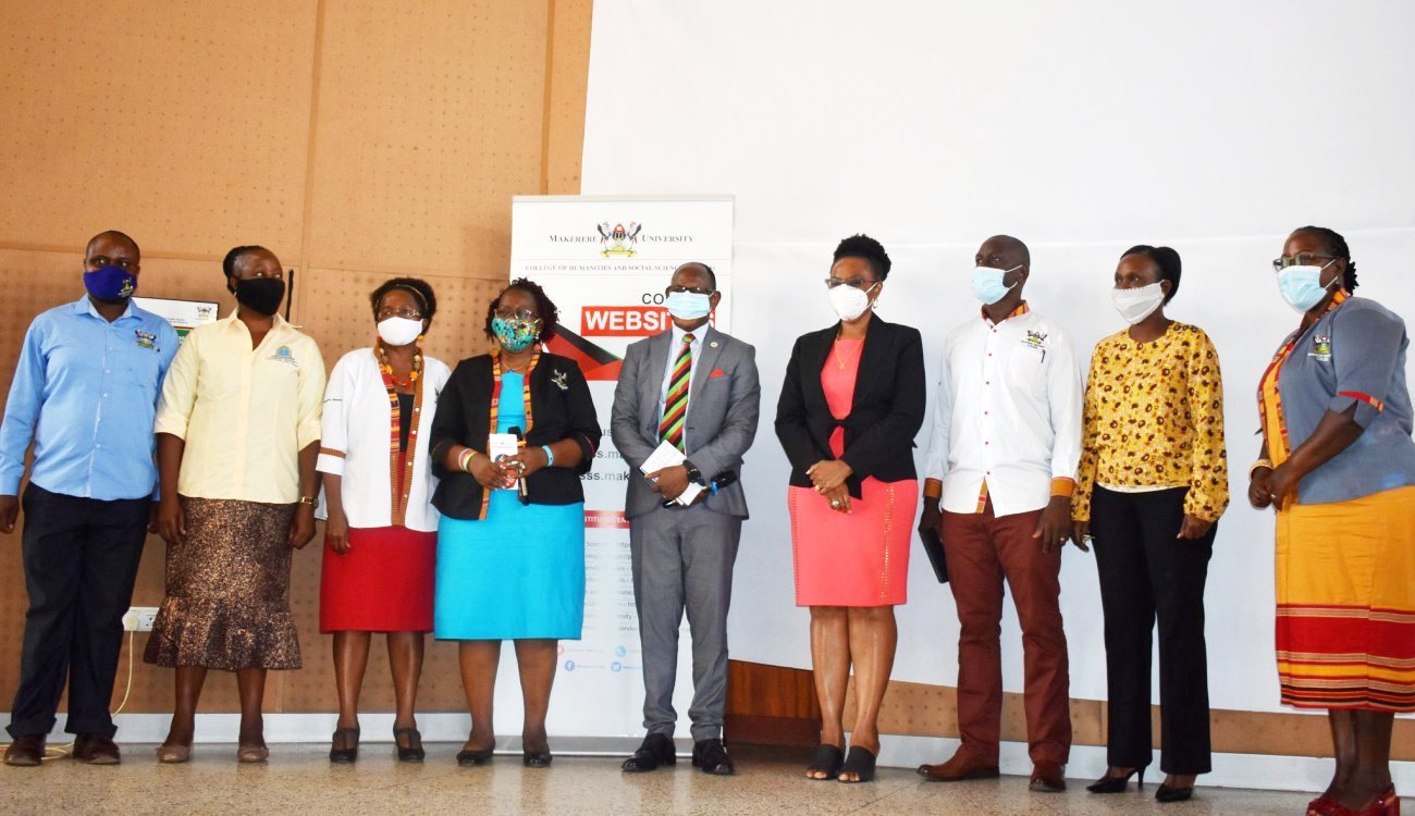 The Vice Chancellor-Prof. Barnabas Nawangwe (C) flanked by KISH Project PI-Prof. Grace Bantebya (4th L) UN Women Deputy Country Rep. to Uganda-Ms. Adekemi Ndieli (4th R) and R-L: Dr. Josephine Ahikire, Dr. Josephine Nabukenya, Dr. Julius Kikooma, Dr. Florence Muhanguzi, Dr. Elizabeth Kyazike and Dr. Joab Ezra Agaba during the launch on 7th October 2020, CTF2 Auditorium, Makerere University, Kampala Uganda.