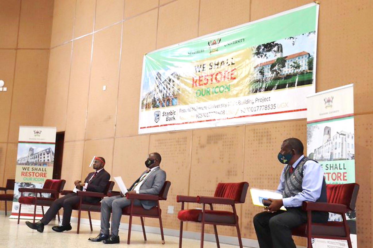 The Vice Chancellor-Prof. Barnabas Nawangwe (Centre) flanked by DVCAA-Dr. Umar Kakumba (Left) and Dean of Students-Mr. Cyriaco Kabagambe (Right) during the launch of the collection platforms on 1st October 2020, CTF2 Auditorium, Makerere University, Kampala Uganda.