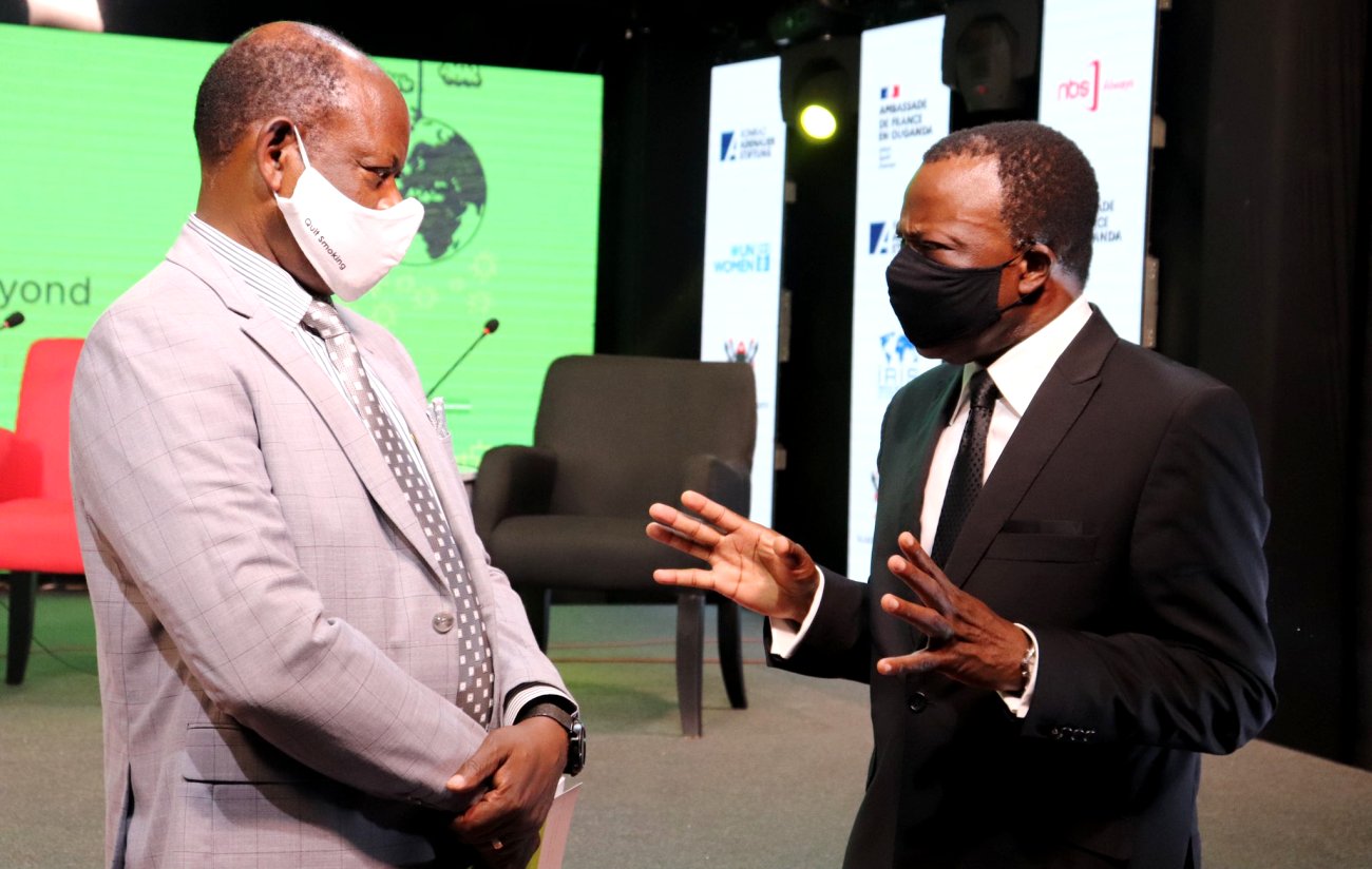 The Vice Chancellor, Prof. Barnabas Nawangwe (L) chats with the Ambassador of France to Uganda, H.E Jules-Armand Aniambossou (R) during the launch of the 3rd Kampala Geopolitics Conference on 19th October 2020, Next Media Services Plaza, Kampala Uganda.