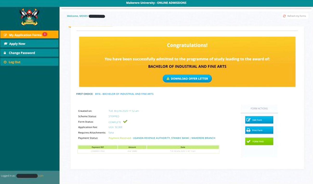 A screenshot of an online portal where applicants admitted to Makerere University can access their offer letters.