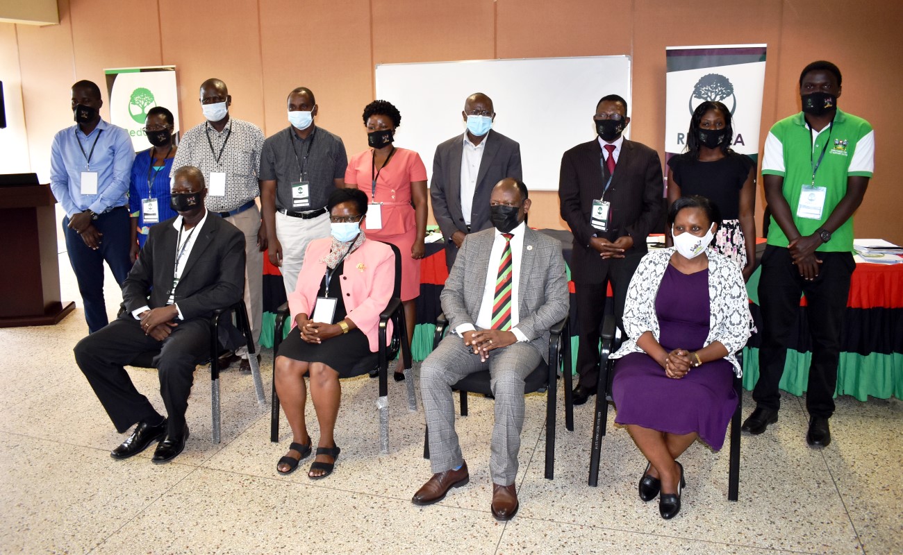 The Vice Chancellor-Prof. Barnabas Nawangwe (Front Row: 2nd R) with Members of the REDD-EA Project Team and NIDIC Leadership at the Research Dissemination on 24th November 2020, Room 3.2, CTF1, Makerere University, Kampala Uganda.