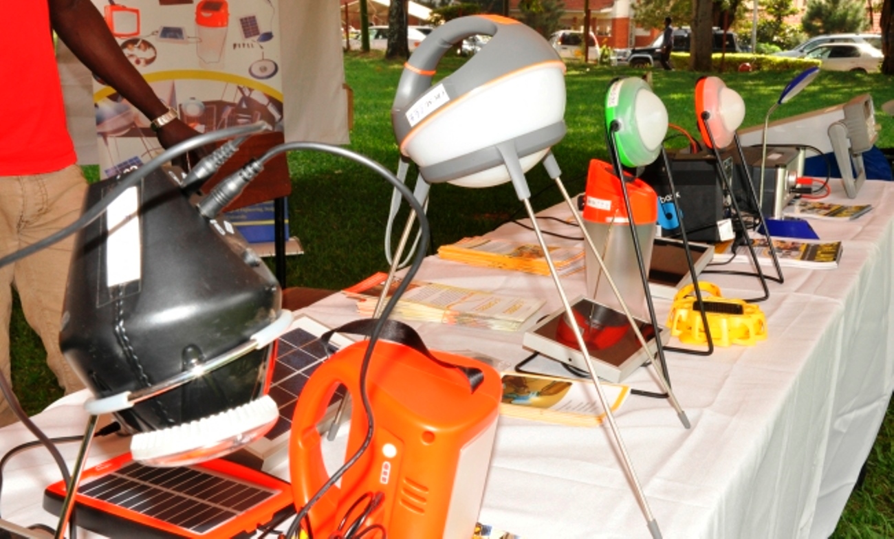 An assortment of solar items on display during the Presidential Initiative Exhibition, 30th July 2014, Freedom Square, Makerere University, Kampala Uganda