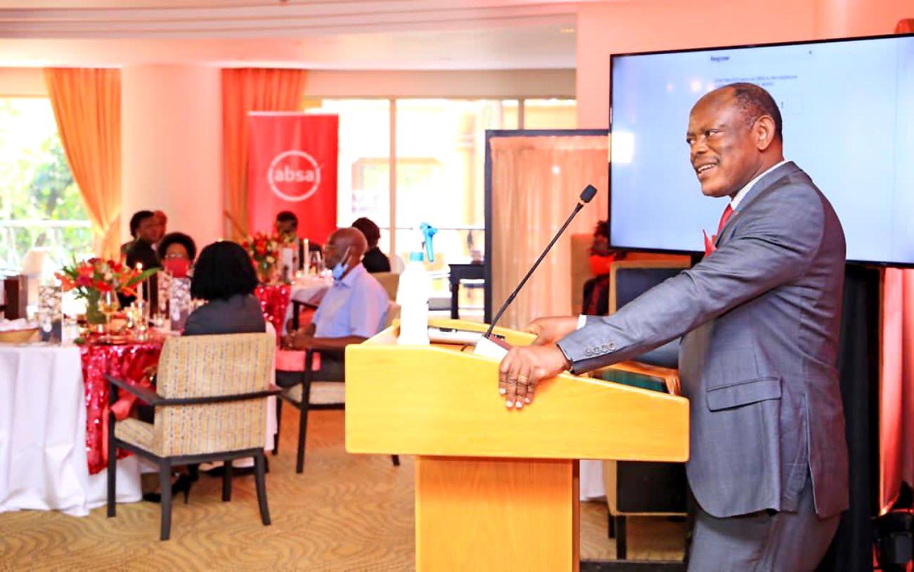 The Vice Chancellor-Prof. Barnabas Nawangwe addresses guests and customers at Absa Uganda celebrations to mark one year since brand name change, 11th November 2020, Kampala Uganda.