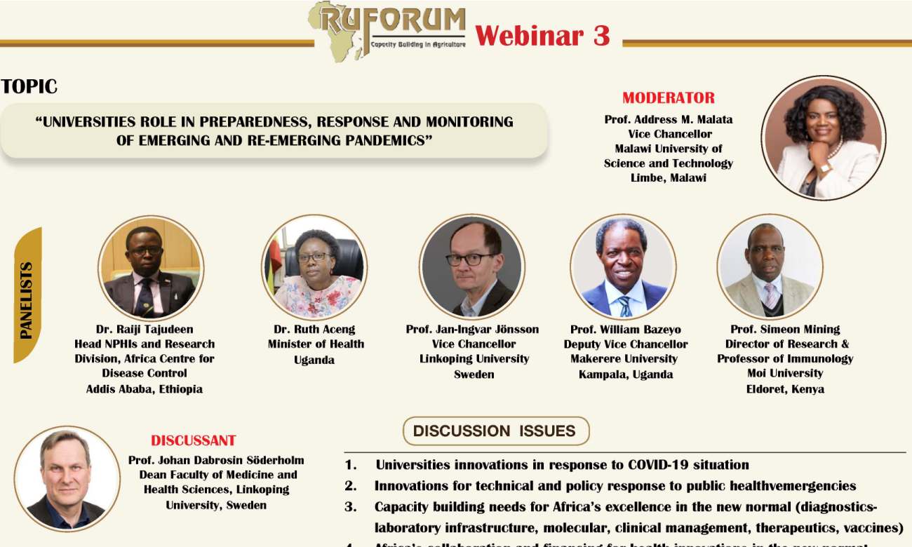 RUFORUM Webinar 3: Universities' Role in Emerging and Re-Emerging Pandemics was held on 3rd July 2020 from 2:00 - 4:00PM EAT