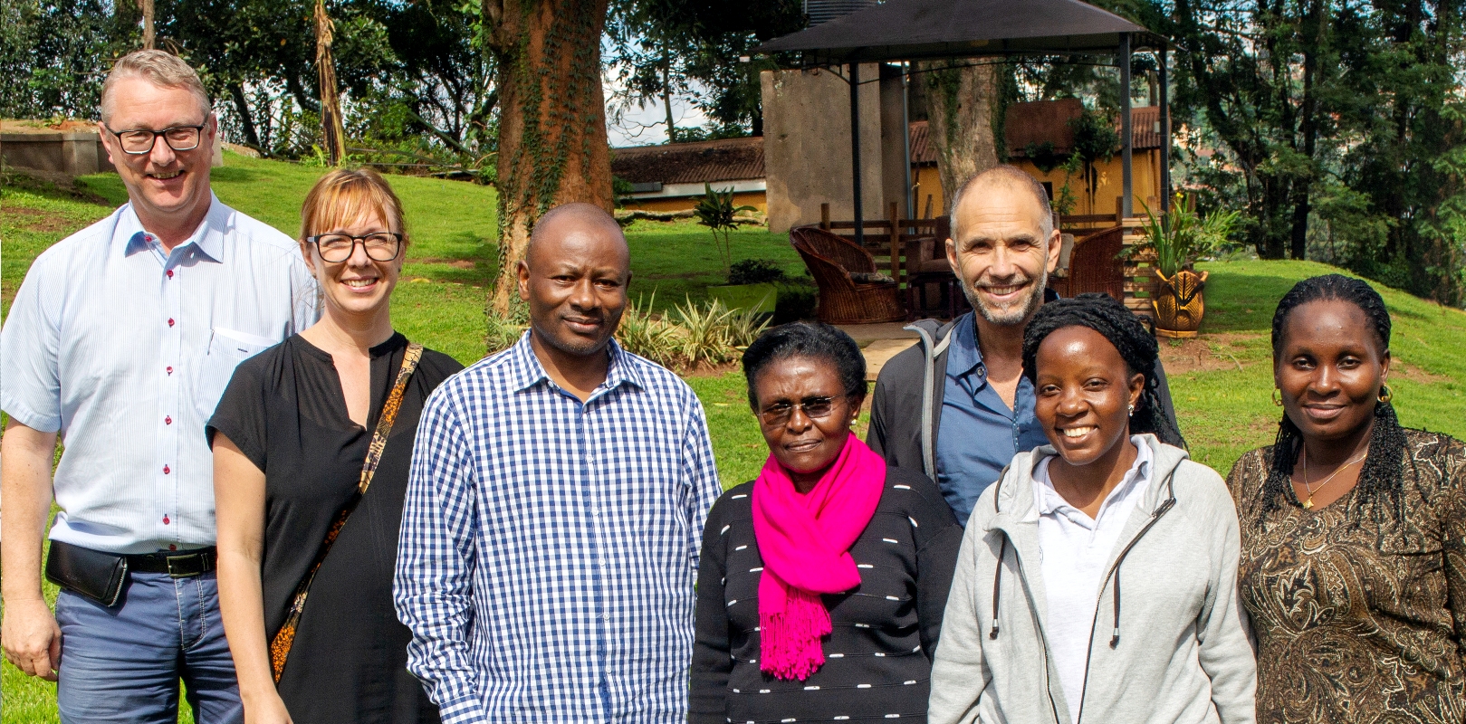 The collaborative paper’s key authors L-R: Dr. Thorkild Tylleskär, Dr. Susanna Myrnerts-Höök, Dr. Josaphat Byamugisha, Dr. Jolly Nankunda, Dr. Nicolas J. Pejovic, Dr. Clare Lubulwa and Hadija Nalubwama (Trial manager). Photo credit: Dr. Thorkild Tylleskär