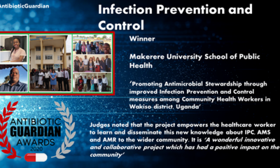 A screenshot of the Public Health England Antibiotic Guardian Awards recognizing MakSPH’s exceptional performance in Promoting Antimicrobial Stewardship through improved Infection Prevention and Control in Uganda.