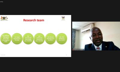 A screenshot of the Principal Investigator-Dr. Anthony Tibaingana (R) and members of the research team (L) during the Mak-RIF dissemination event on 11th December 2020, CoBAMS, Makerere University, Kampala Uganda.