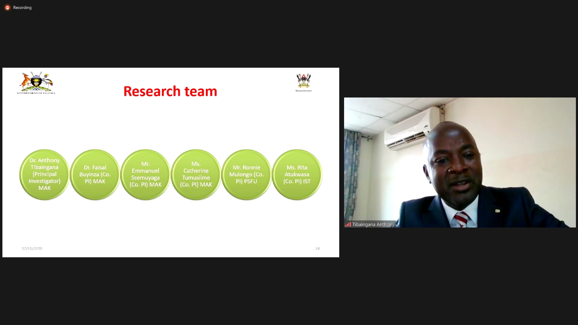 A screenshot of the Principal Investigator-Dr. Anthony Tibaingana (R) and members of the research team (L) during the Mak-RIF dissemination event on 11th December 2020, CoBAMS, Makerere University, Kampala Uganda.