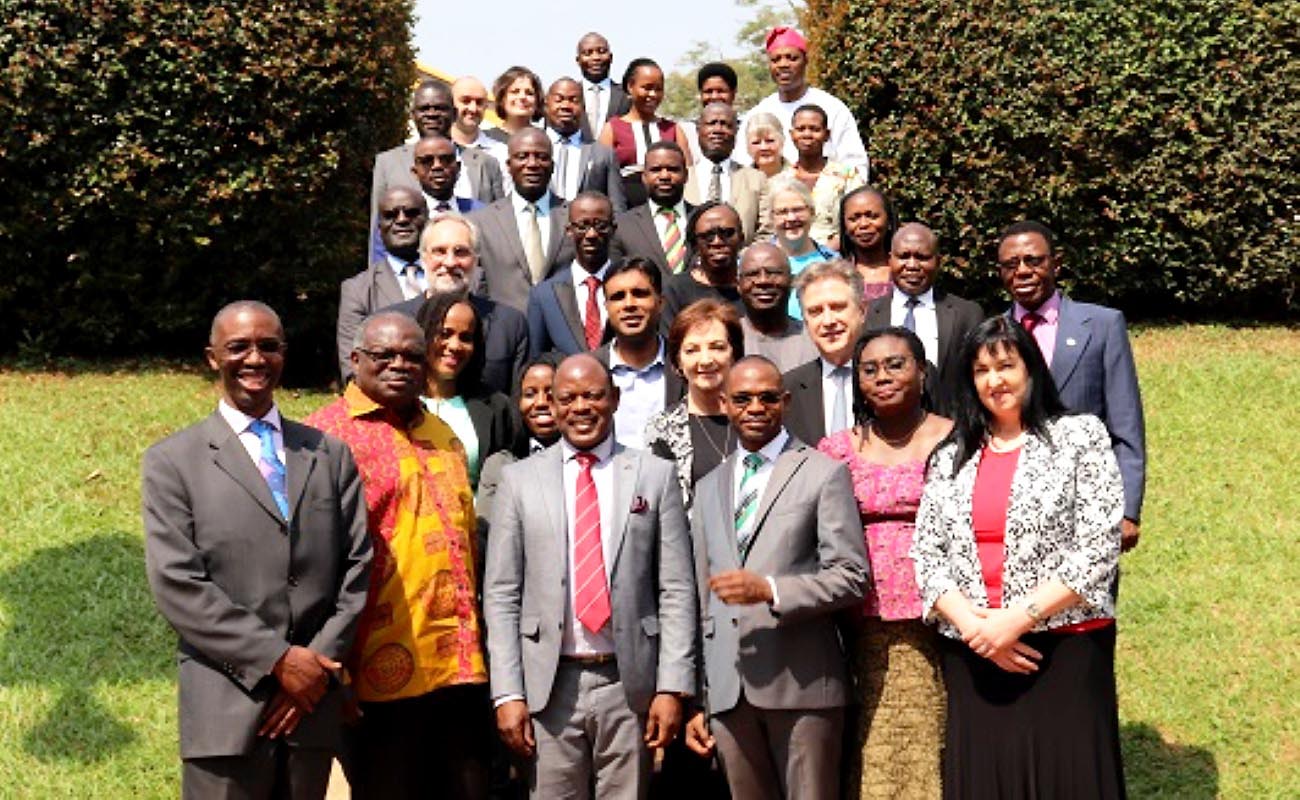 The VC-Prof. Barnabas Nawangwe (3rd L), DVCAA-Dr. Umar Kakumba (3rd R) and Sec. Gen. ARUA-Prof. Ernest Aryeetey (2nd L) pose with representatives from: University of Dar-es-Salaam, University of Ibadan, University of Kwazulu-Natal, University of Lagos, University of Nairobi, University of Pretoria, Rhodes University and Stellenbosch University during the launch of the Centre of Excellence in Notions of Identity on 4th September 2019 at Makerere University, Kampala Uganda.