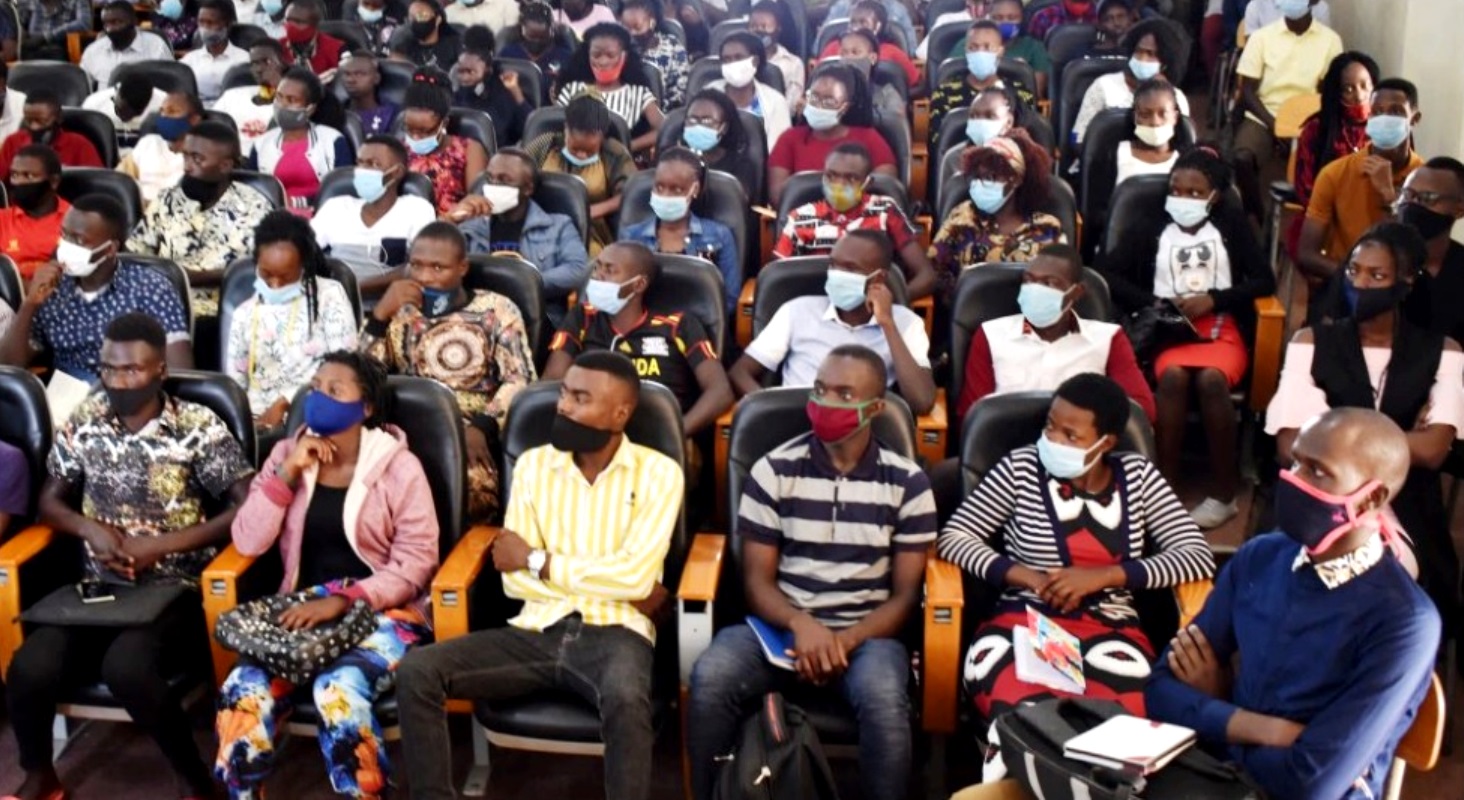 Some of the Freshers from the College of Agricultural and Environmental Sciences (CAES) listen keenly to proceedings during the training by IODeL on MUELE and other learning platforms on 24th February 2021, SFTNB Conference Hall, Makerere University.