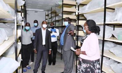 The DVCAA-Assoc. Prof. Umar Kakumba (Front L) guided by MaRCCI Director-Assoc. Prof. Richard Edema (2nd R) inspects in the cold room of the refurbished Genebank on 5th February 2021, MUARIK, CAES, Makerere University, Wakiso Uganda.