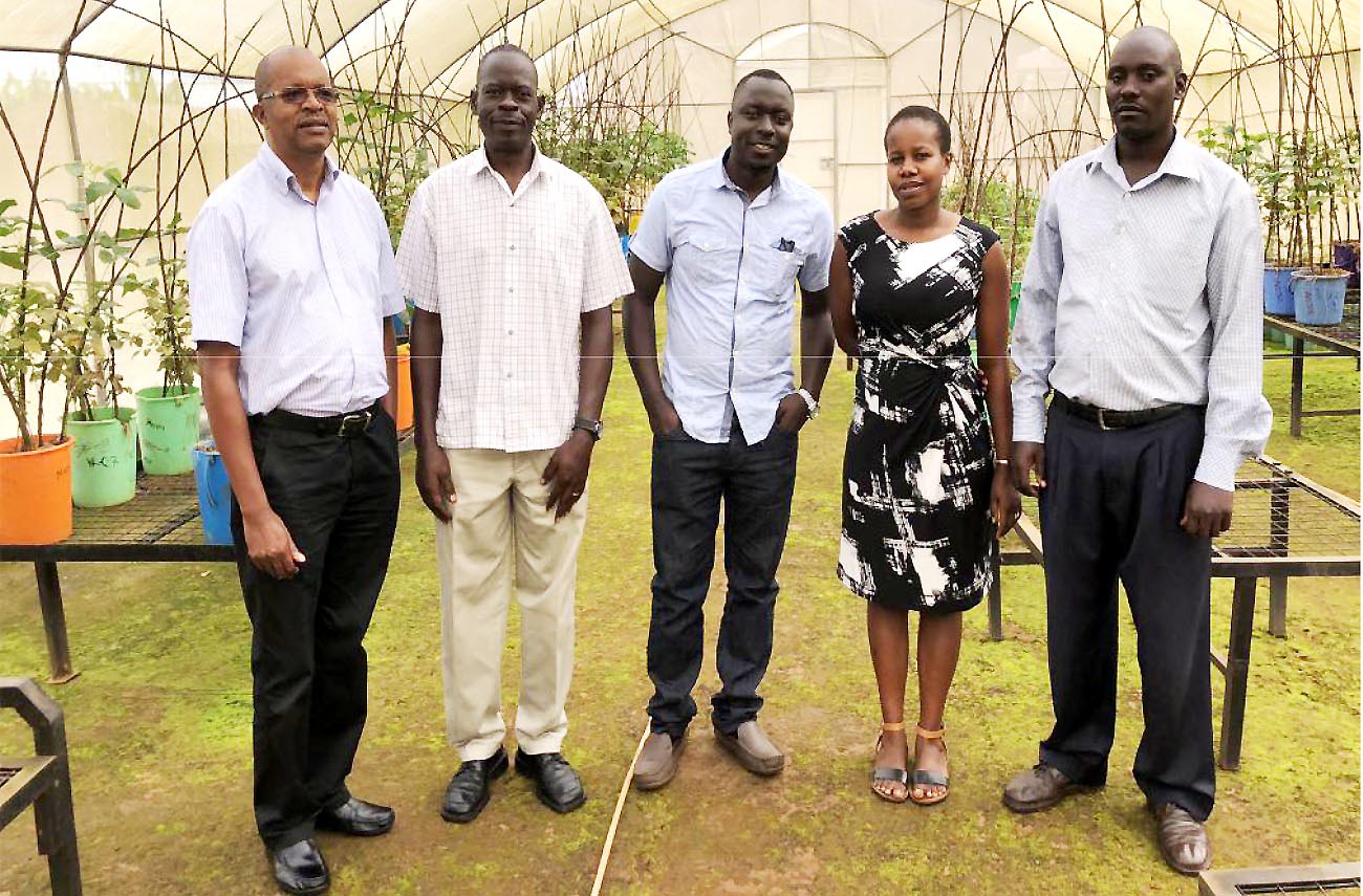 Part of the Research Team L-R: Prof. Phinehas Tukamuhabwa-Soybean Breeder, Paul Kabayi-Senior Technician, Tonny Obua-Soybean Breeder, Mercy Namara-Training Coordinator, George Yiga-Technician