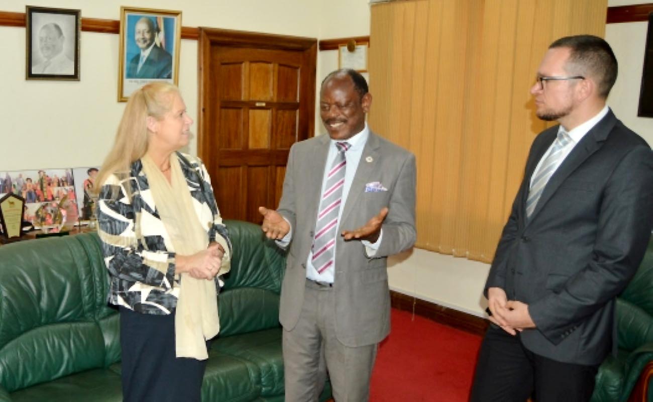 The Vice Chancellor, Prof. Barnabas Nawangwe (2nd Right) chats with DAAD Africa Regional Director, Ms. Beate Schindler-Kovats (Second Left) after the courtesy call on 28th November 2019. Right is DAAD Office Representative-Mr. Steven Heimlich.