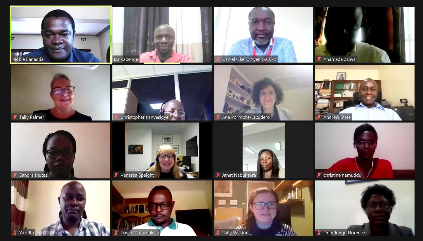 Prof. Noble Banadda (Top Left) with stakeholders from Mak, MWE, NWSC, KCCA, Rhodes University, University of Sheffield and Lancaster University during the first virtual RESBEN Uganda country meeting convened by Makerere University on 5th February 2021