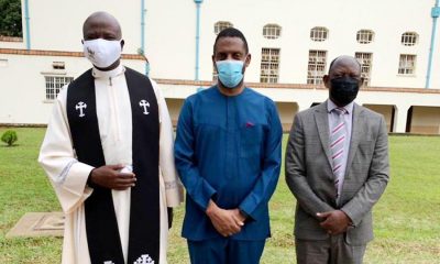 The Vice Chancellor, Prof. Barnabas Nawangwe (R) poses for a photo with Dr. James Magara (C) and St. Francis Chaplain-Rev. Can. Onesimus Asiimwe (L) after the service on 24th January 2021, Makerere University, Kampala Uganda.