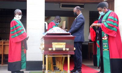 The Vice Chancellor, Prof. Barnabas Nawangwe (2nd R) is joined by Dr. William Tayeebwa (L) and other Academic Staff to pay the last respects to Eng. Prof. Anthony G. Kerali on 23rd February 2021, St. Augustine Chapel, Makerere University.