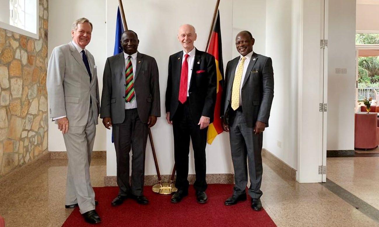 L-R: Fmr. German Ambassador to Uganda-H.E. Dr. Albrecht Conze, Fmr. Principal CHS-Prof. Charles Ibingira, Founding President WHS-Prof. Detlev Ganten and Vice Chancellor-Prof. Barnabas Nawangwe at the German Ambassador's Residence on 10th January 2020, Kampala Uganda.