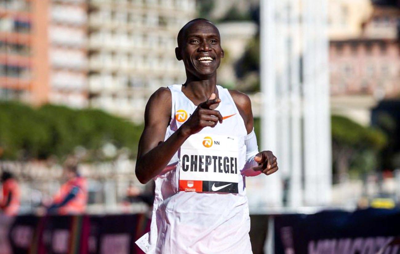 Joshua Cheptegei smiles after crossing the finishing line and retaining his 5000m Monaco Run Title on 14th February 2021. Photo credit: Twitter/@joshuacheptegei1