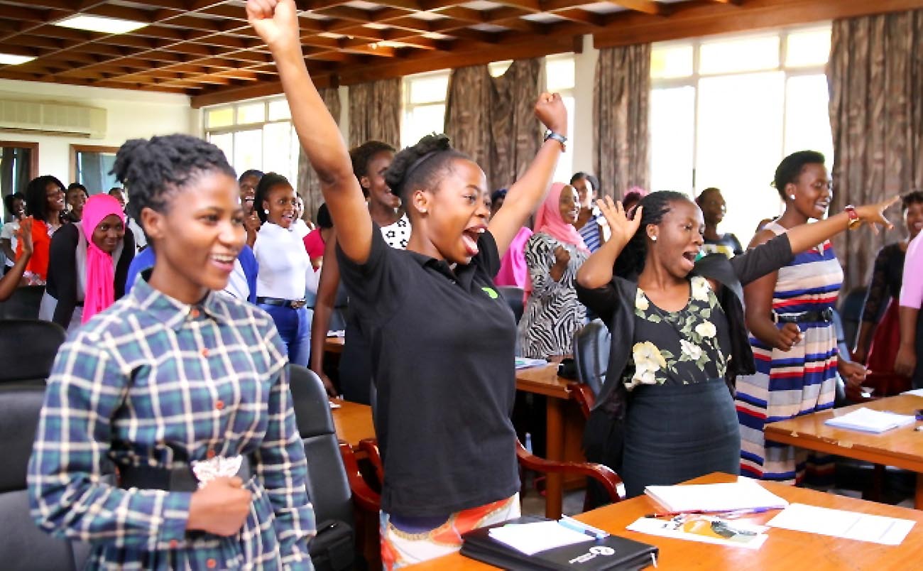 Female participants display passion for their personal brands during a GMD-organised training facilitated by Daniel Choudry on 18th April 2019, Senate Building, Makerere University.