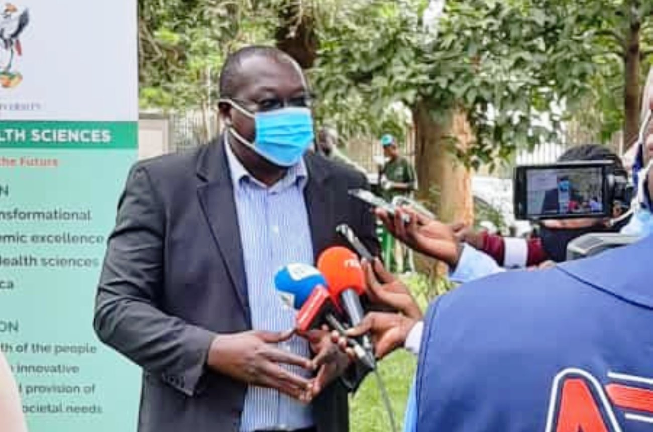 Dr. Misaki Wayengera responds to questions from the Media during the launch of his innovation - COVID-19 Rapid Antibody Test Kits on 17th March 2021, CHS, Makerere University. Courtesy photo