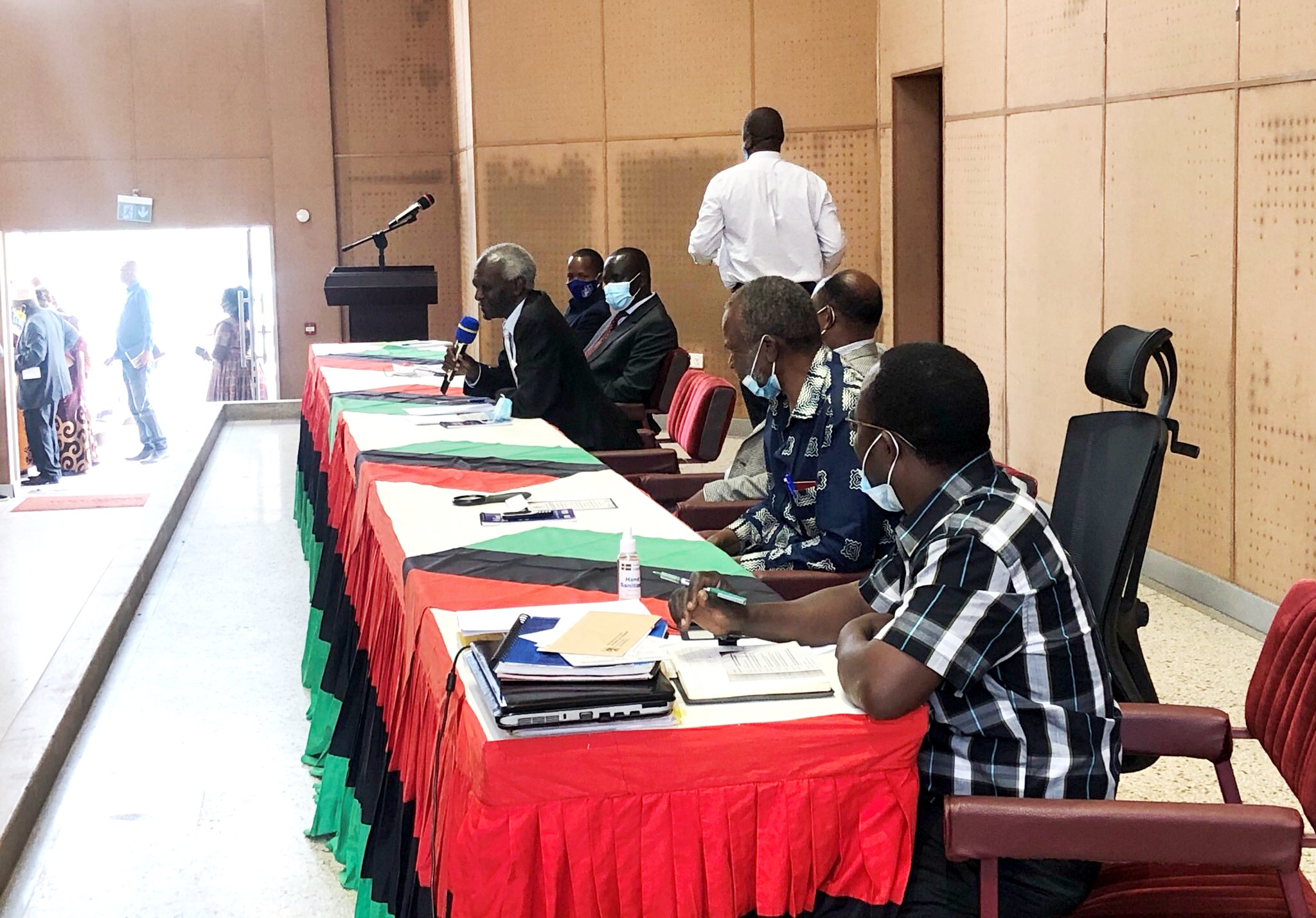 The Vice Chancellor, Prof. Barnabas Nawangwe and other officials listen to Justice James Ogoola during the Busia District Development Conference on 20th February 2021, CTF2 Auditorium, Makerere University.