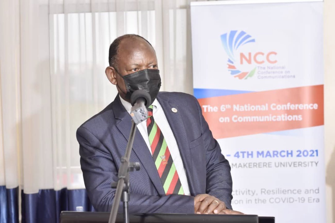 The Vice Chancellor, Prof. Barnabas Nawangwe addresses the 6th National Conference on Communications during the opening ceremony on 3rd March 2021, Gold Tulip Hotel, Kampala.