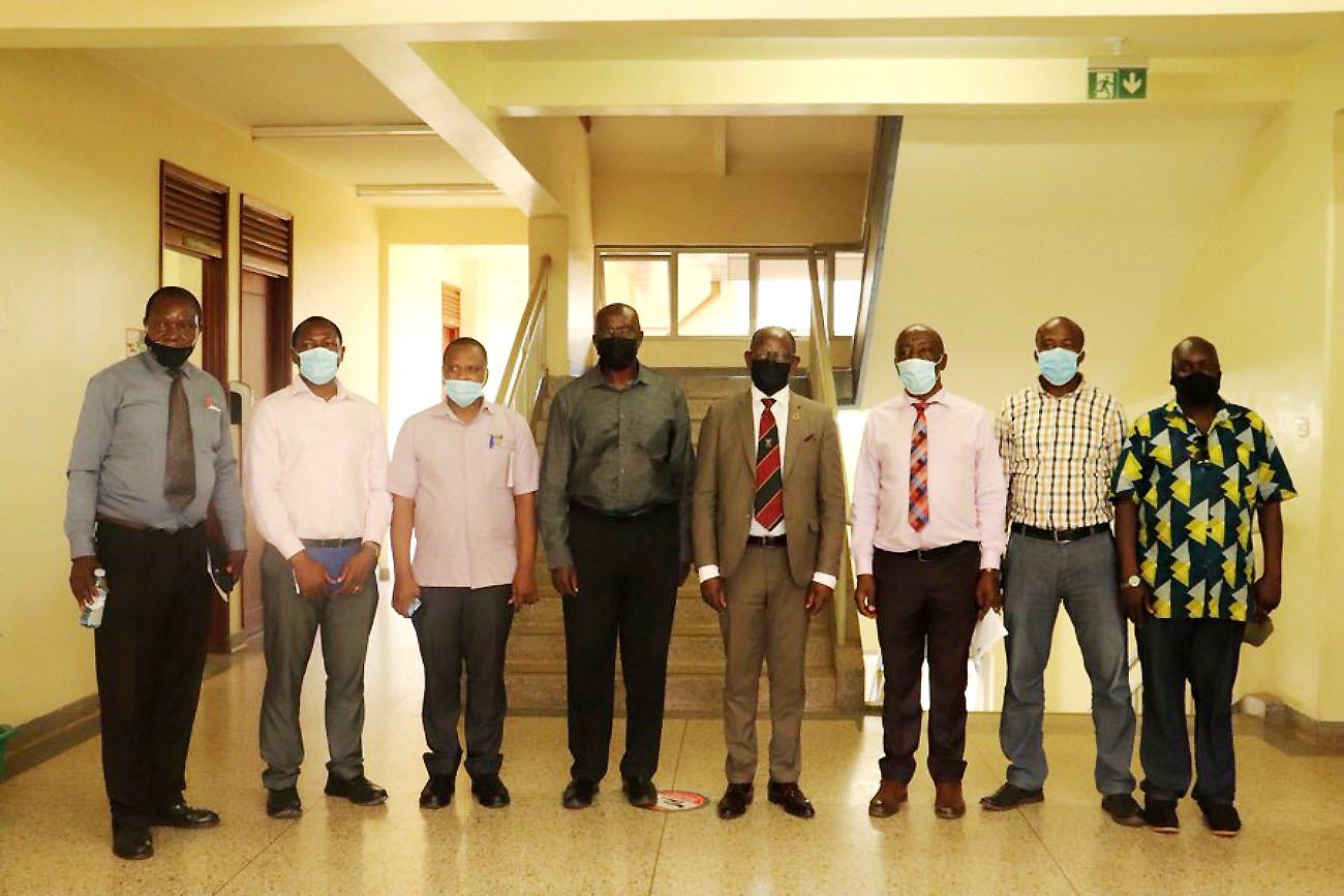 The Vice Chancellor, Prof. Barnabas Nawangwe (4th R) and Prof. Henry Kerali (4th L) with the Principal CEDAT-Prof. Henry Alinaitwe and other officials after the meeting on 26th February 2021, CTF1, Makerere University.