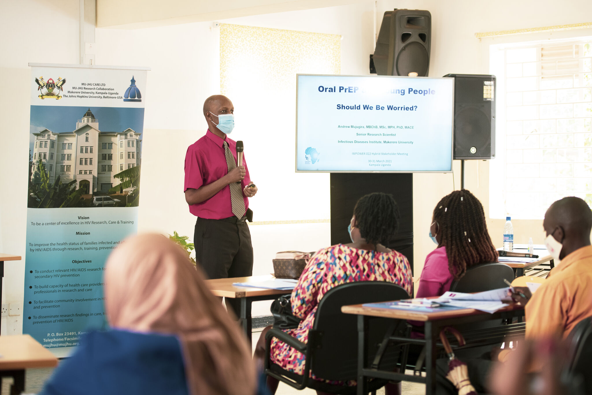 Participants in the two-day MU-JHU hybrid meeting discuss the upcoming IMPOWER-022 study, the HPTN 084 DSMB results and the changing landscape of HIV Prevention studies in Uganda, April 2021.