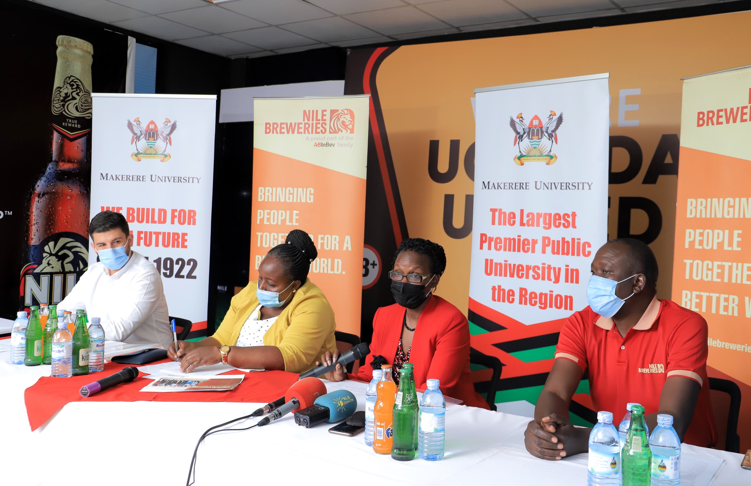 L-R: Country Director NBL-Mr. David Valencia, Principal Education Officer MoES-Mrs. Mercy Mugoowa, DVCFA-Dr. Josephine Nabukenya and Legal & Corporate Affairs Director NBL-Mr. Onapito Ekomoloit at the Equality Scholarships Handover ceremony, 29th April 2021, Luzira, Kampala Uganda.