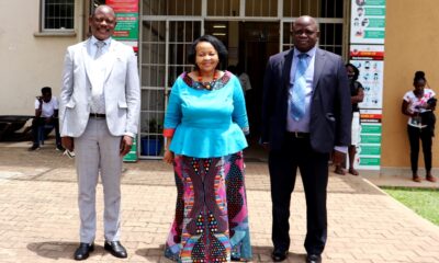 South African High Commissioner to Uganda, H.E. Lulama Mary-Theresa Xingwana (C) flanked by the Vice Chancellor, Prof. Barnabas Nawangwe (L) and First Secretary:Political, Mr. A.E. Munaka (R) after the meeting on 9th April 2021, CTF1, Makerere University.