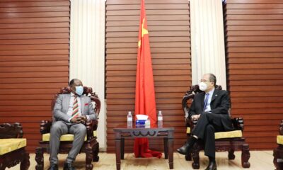 The Vice Chancellor, Prof. Barnabas Nawangwe (L) chats with his host H.E. Zheng Zhuqiang (R) during his visit to the Embassy of the People's Republic of China on 7th April 2021.