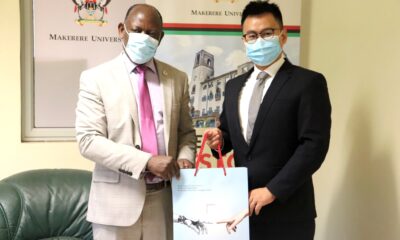 The Vice Chancellor, Prof. Barnabas Nawangwe (L) with Huawei Uganda CEO, Mr. Jean Gao (R) after their meeting on 30th March 2021, CTF1, Makerere University.