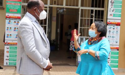 South African High Commissioner to Uganda, H.E. Lulama Mary-Theresa Xingwana (R) chats with the Vice Chancellor, Prof. Barnabas Nawangwe (L) after their meeting on 9th April 2021, CTF1, Makerere University.