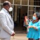 South African High Commissioner to Uganda, H.E. Lulama Mary-Theresa Xingwana (R) chats with the Vice Chancellor, Prof. Barnabas Nawangwe (L) after their meeting on 9th April 2021, CTF1, Makerere University.