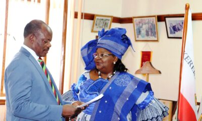 The Vice Chancellor, Prof. Barnabas Nawangwe (L) interacts with the Deputy Speaker of the Cameroonian Parliament Rt. Hon. Emilia Monjowa Lifaka (R) during her courtesy call on 4th March 2019, Main Building, Makerere University.