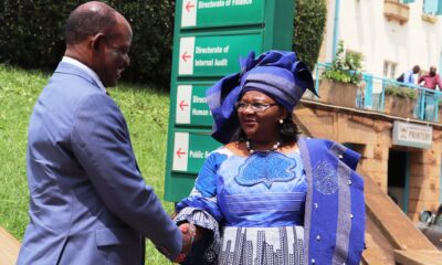 The Vice Chancellor, Prof. Barnabas Nawangwe (L) shakes hands with the Deputy Speaker of the Cameroonian Parliament, Rt. Hon. Emilia Monjowa Lifaka (R) after the courtesy call on 4th March 2019, Main Building, Makerere University.